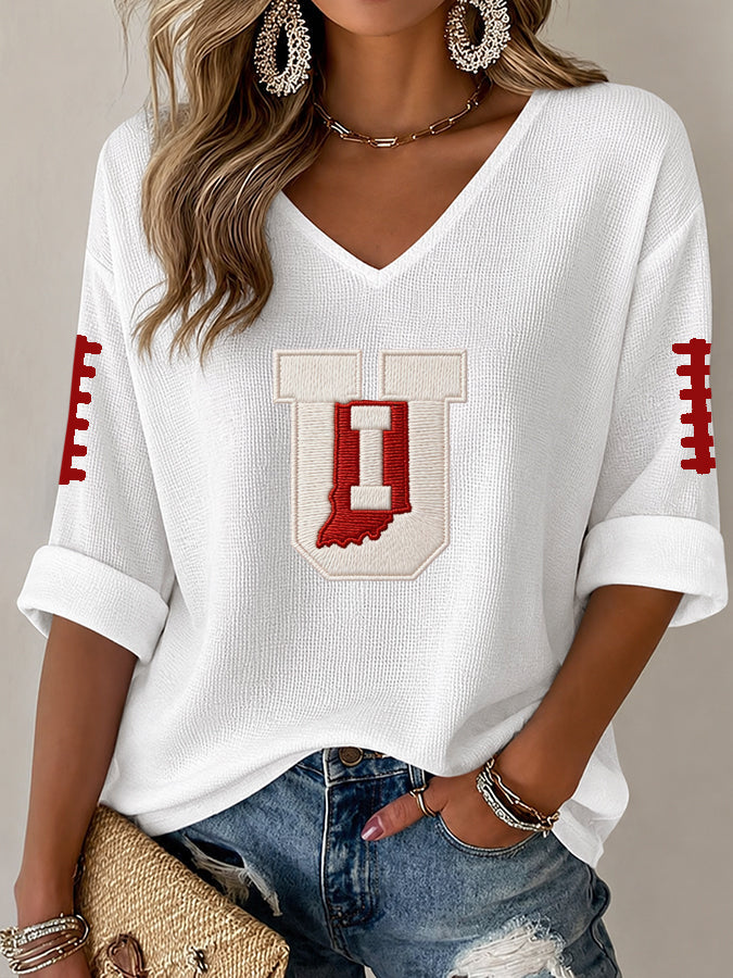 Women'S Rugby Patterned Waffle V-Neck Top