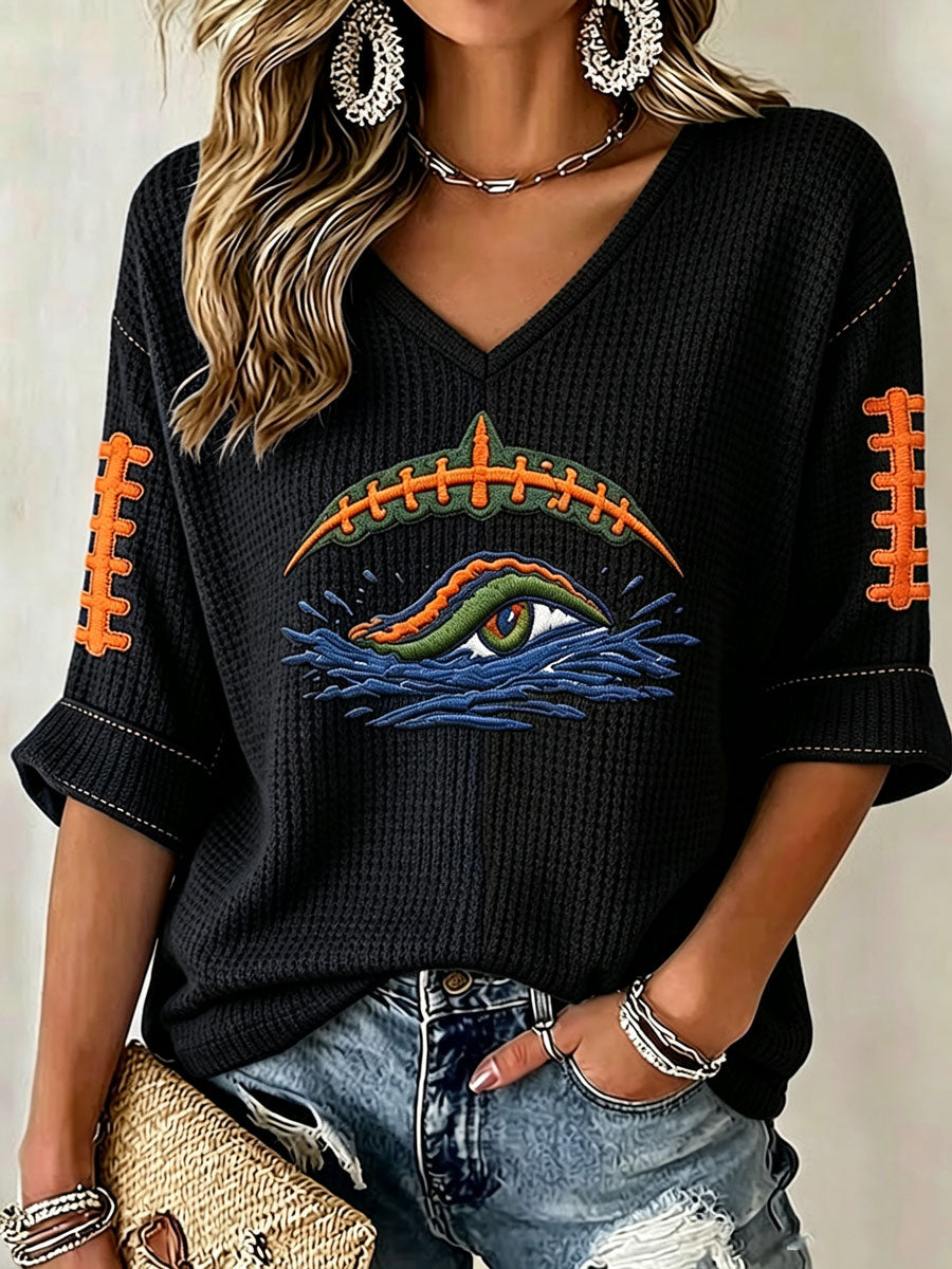 Women'S Rugby Patterned Waffle V-Neck Top