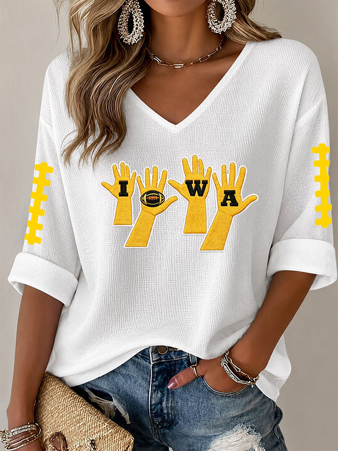 Women'S Rugby Patterned Waffle V-Neck Top