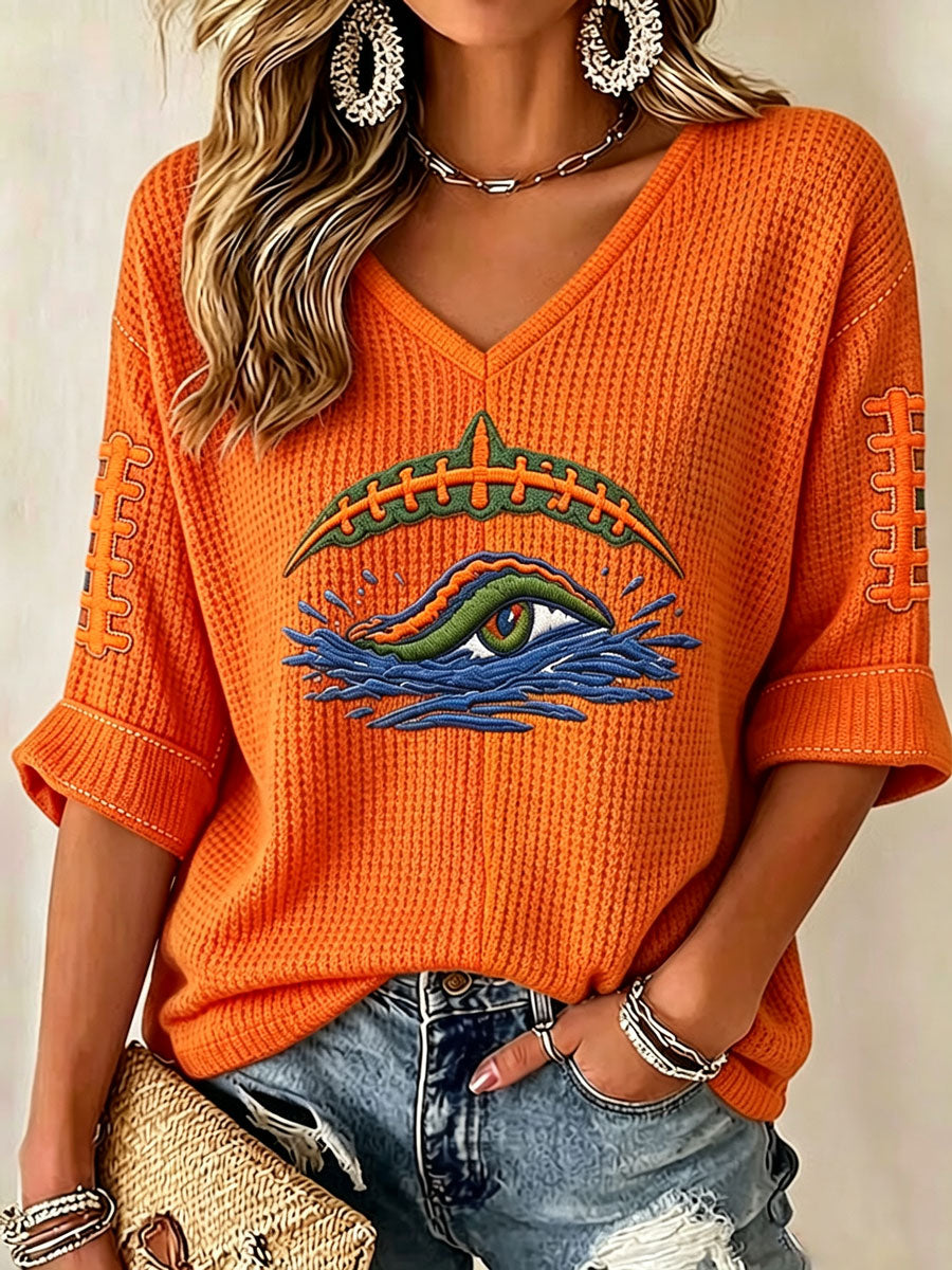 Women'S Rugby Patterned Waffle V-Neck Top