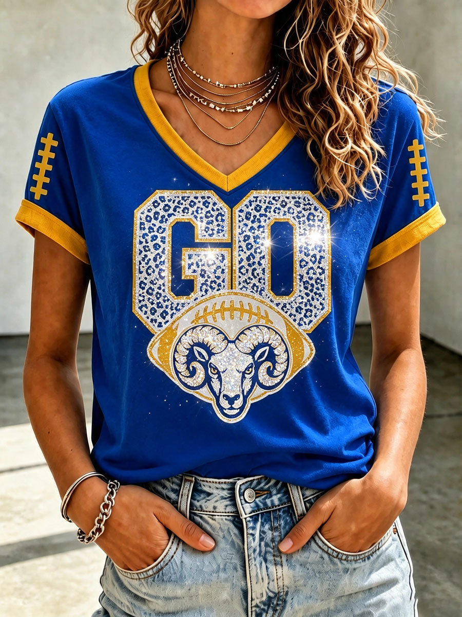 Women's Rams Football Game Print V-Neck T-Shirt