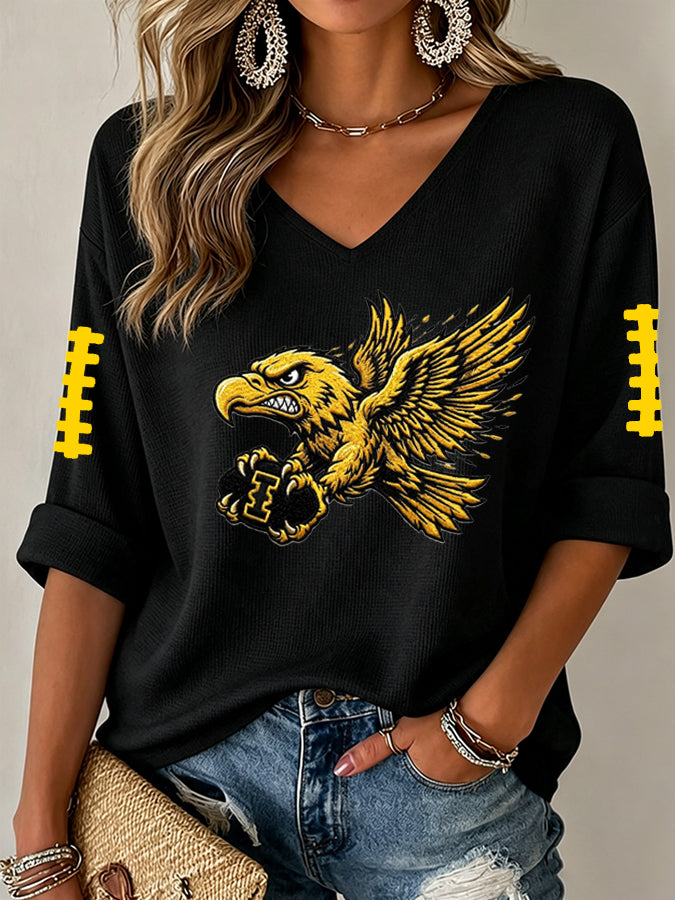 Women'S Rugby Patterned Waffle V-Neck Top