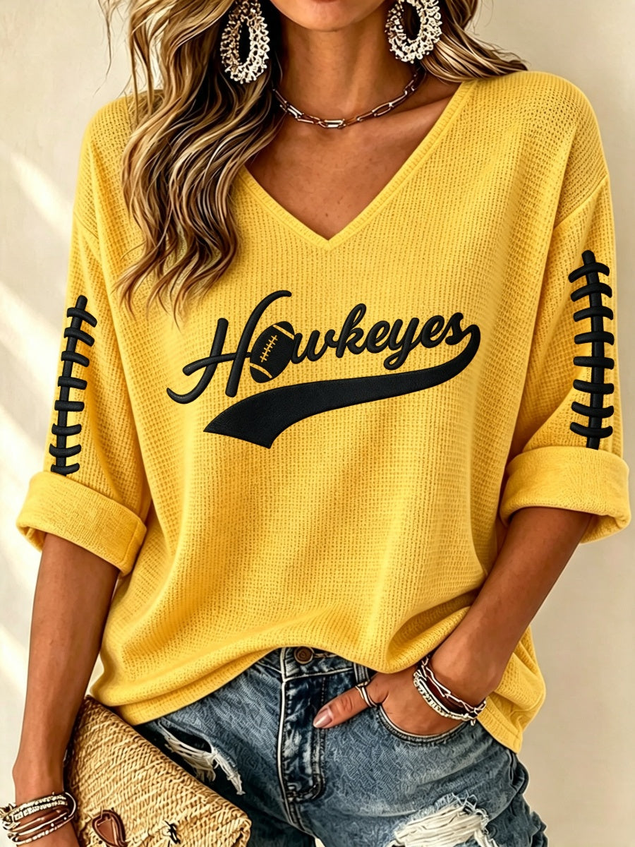 Women'S Football Print Waffle V-Neck Top