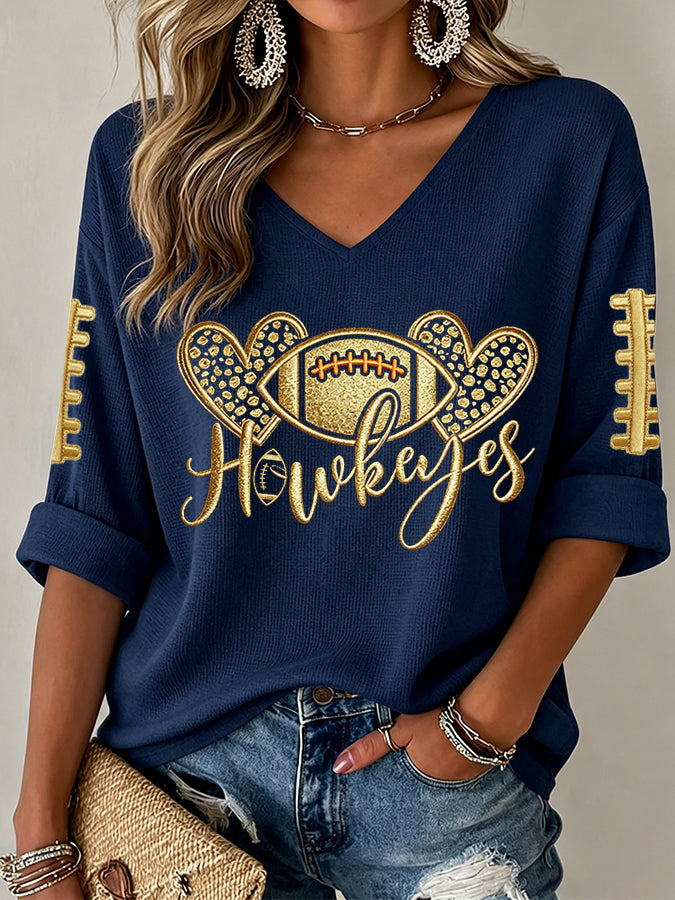 Women'S Rugby Patterned Waffle V-Neck Top