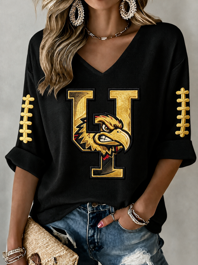 Women'S Rugby Patterned Waffle V-Neck Top
