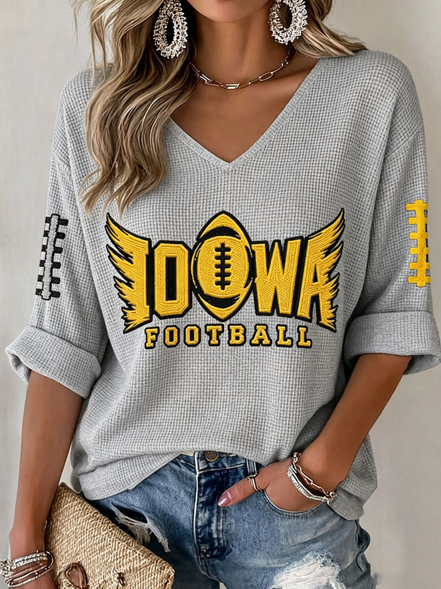 Women'S Rugby Patterned Waffle V-Neck Top
