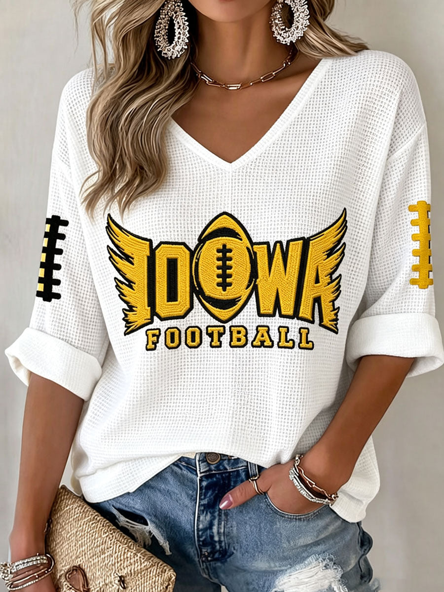 Women'S Rugby Patterned Waffle V-Neck Top