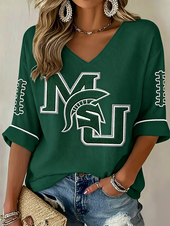 Women'S Rugby Patterned Waffle V-Neck Top