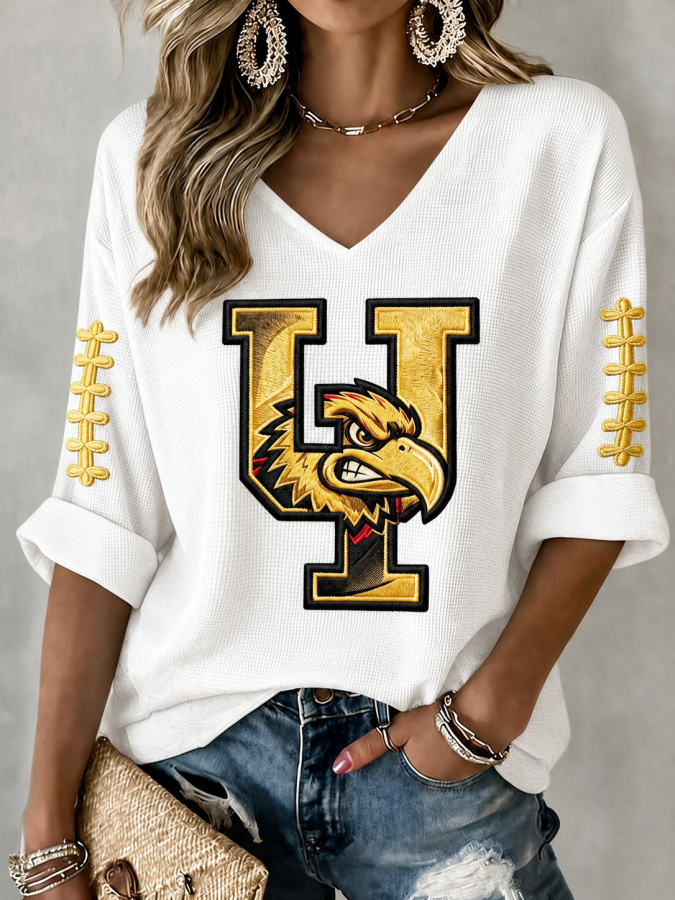 Women'S Rugby Patterned Waffle V-Neck Top