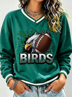 Women's Football Print V-Neck Color Block Sweatshirt