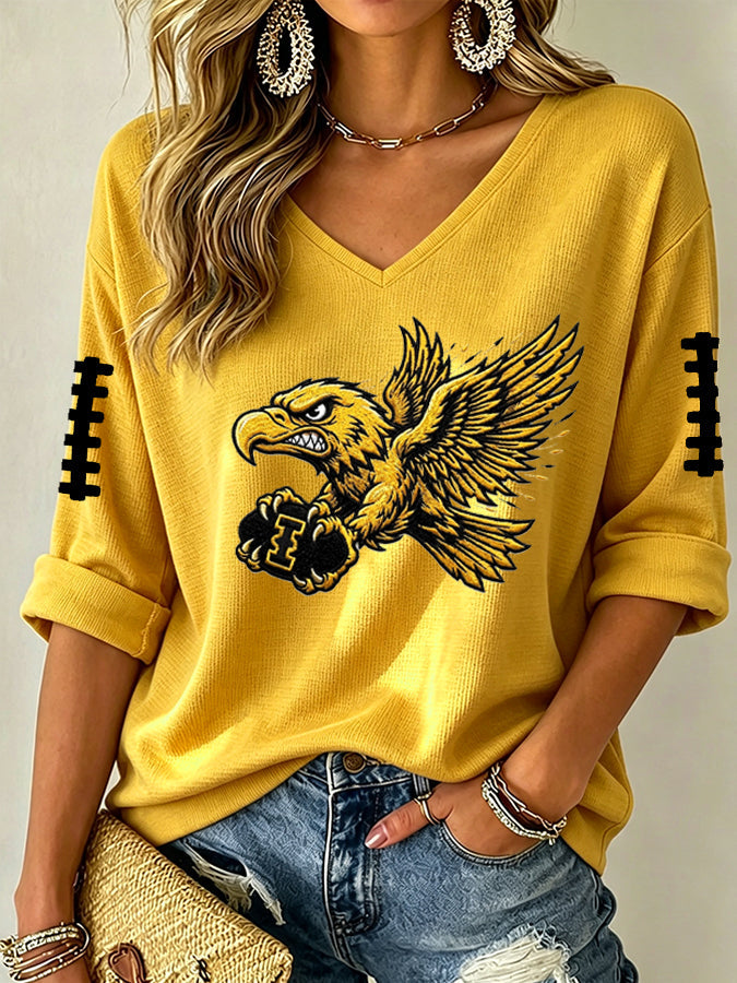 Women'S Rugby Patterned Waffle V-Neck Top