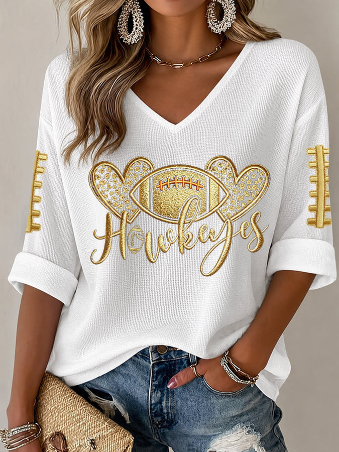 Women'S Rugby Patterned Waffle V-Neck Top