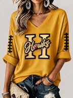 Women'S Rugby Patterned Waffle V-Neck Top