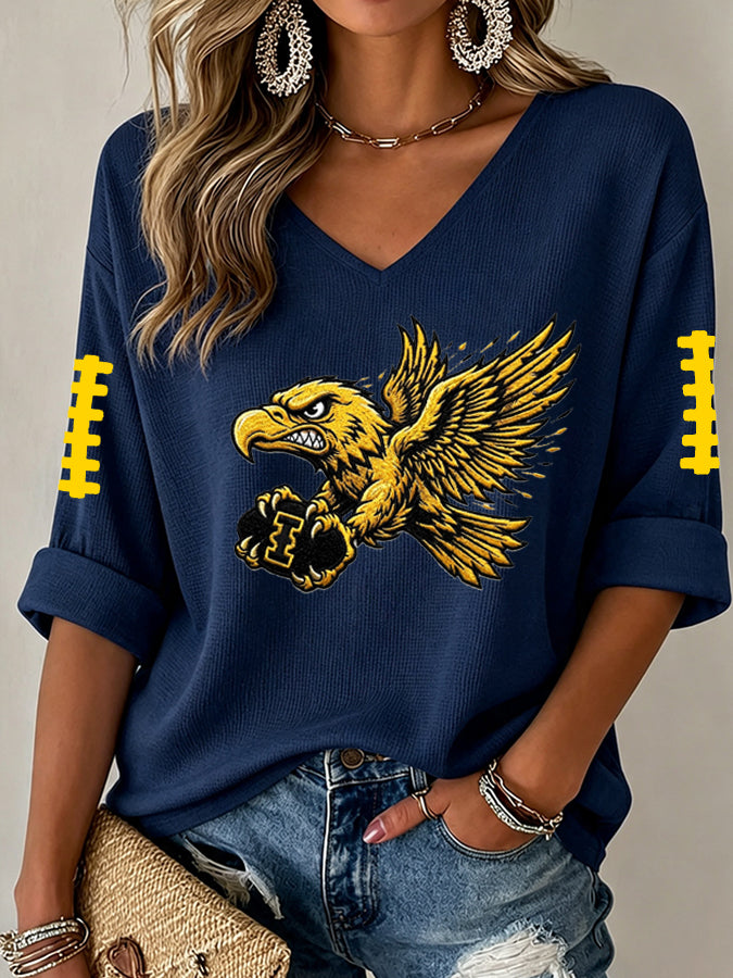 Women'S Rugby Patterned Waffle V-Neck Top