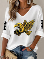 Women'S Rugby Patterned Waffle V-Neck Top