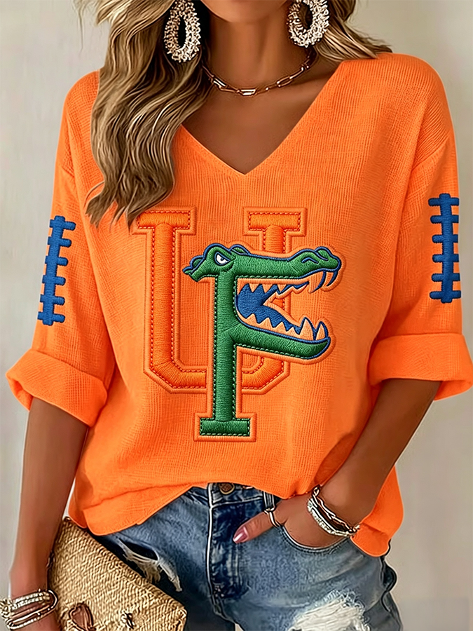 Women'S Rugby Patterned Waffle V-Neck Top