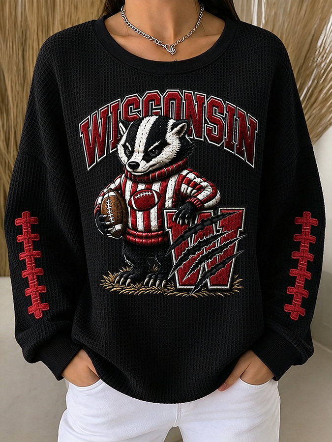 Women'S Football Print Casual  Printed Waffle Sweatshirt